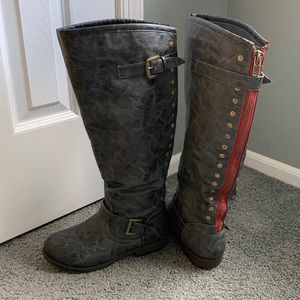 Tall Gray Boots with RED Zipper and metal details 7 1/2